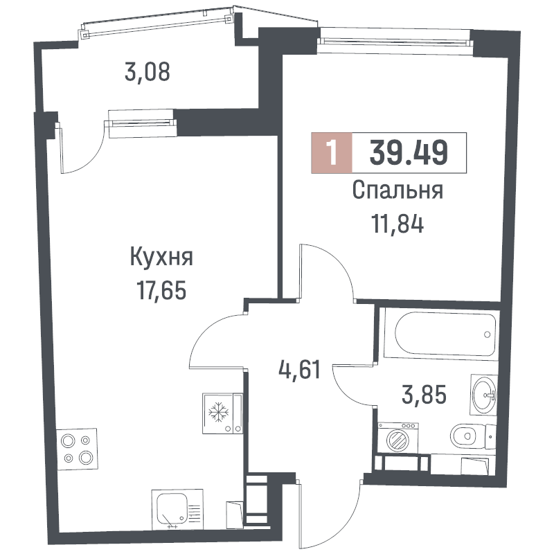 2-комнатная (Евро) квартира, 39.49 м² в ЖК "Авиатор" - планировка, фото №1