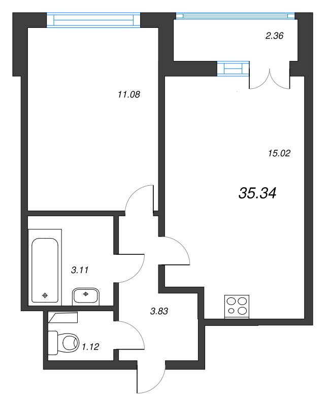 2-комнатная (Евро) квартира, 35.34 м² в ЖК "AEROCITY" - планировка, фото №1
