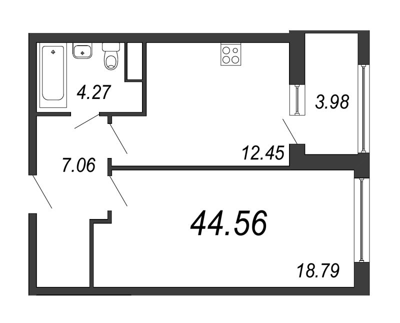 1-комнатная квартира, 45 м² в ЖК "PROMENADE" - планировка, фото №1