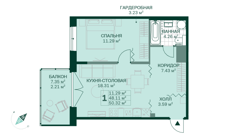 2-комнатная (Евро) квартира, 50.32 м² в ЖК "Magnifika Residence" - планировка, фото №1