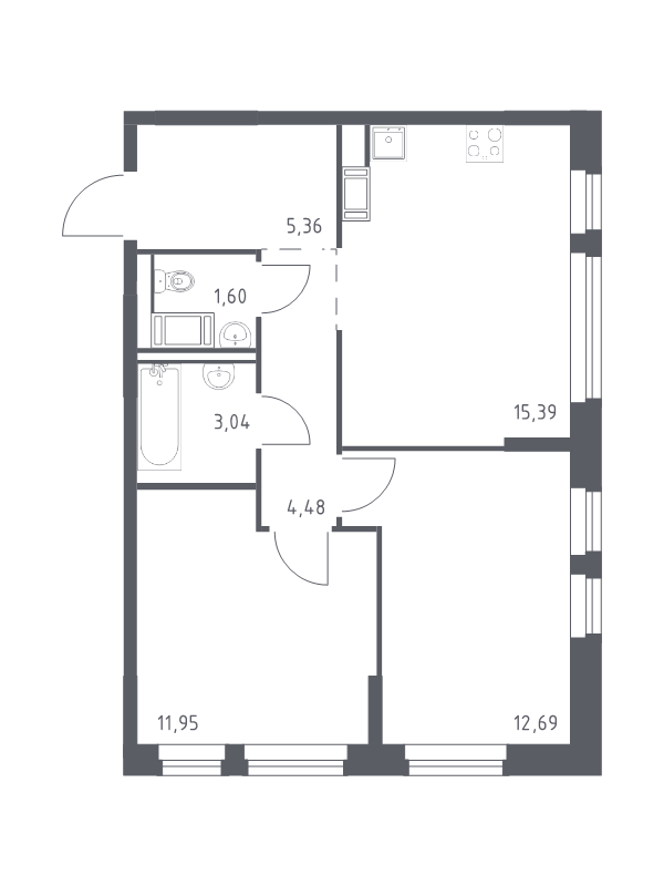3-комнатная (Евро) квартира, 54.51 м² в ЖК "Новое Колпино" - планировка, фото №1