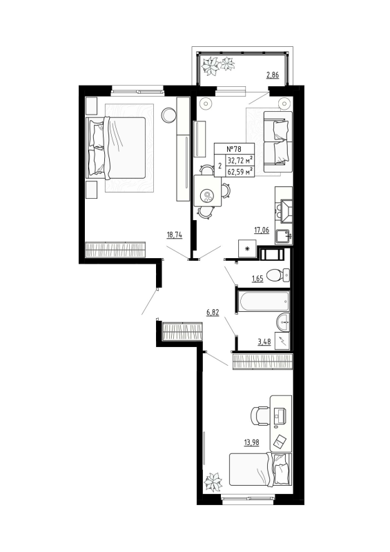 3-комнатная (Евро) квартира, 62.59 м² - планировка, фото №1