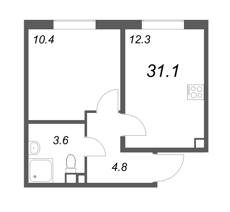 1-комнатная квартира, 31.1 м² - планировка, фото №1