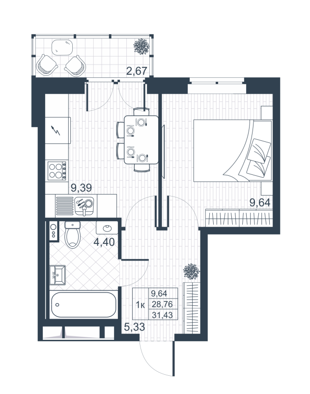 1-комнатная квартира, 29.56 м² - планировка, фото №1