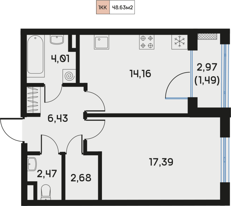 1-комнатная квартира, 48.56 м² в ЖК "Дом Регенбоген" - планировка, фото №1