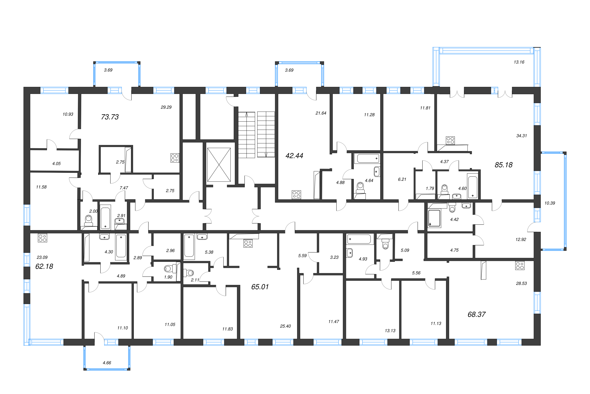 2-комнатная (Евро) квартира, 42.44 м² в ЖК "Черная речка, 41" - планировка этажа