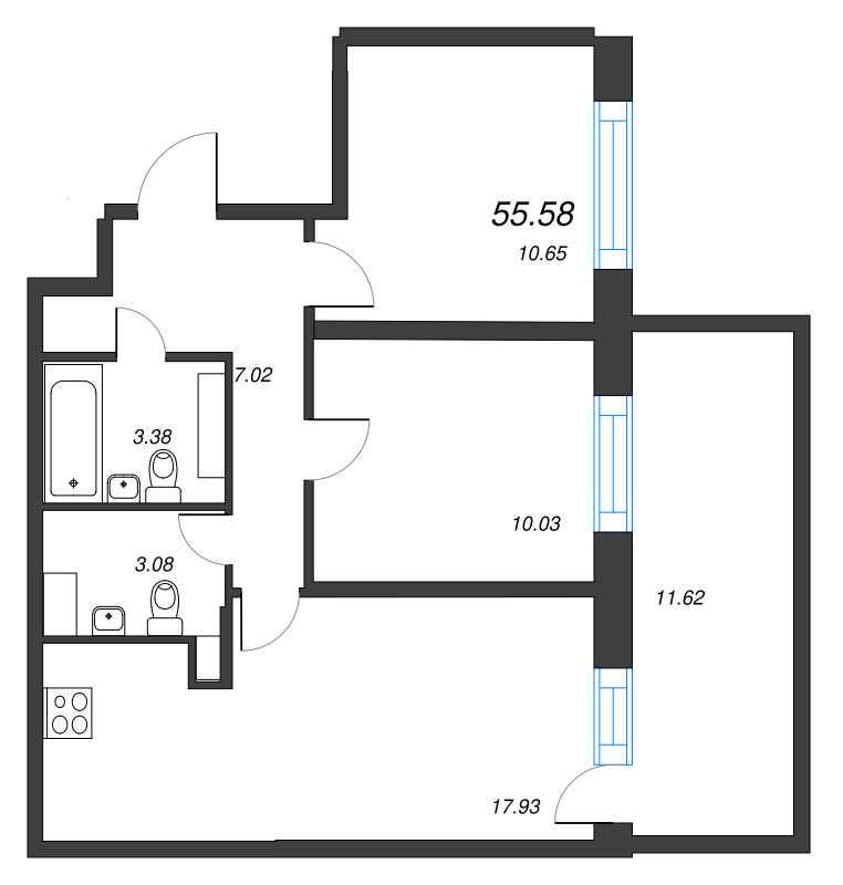 3-комнатная (Евро) квартира, 55.58 м² в ЖК "БелАрт" - планировка, фото №1