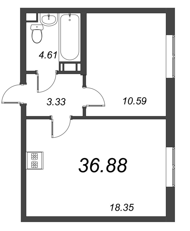 2-комнатная (Евро) квартира, 36.88 м² - планировка, фото №1