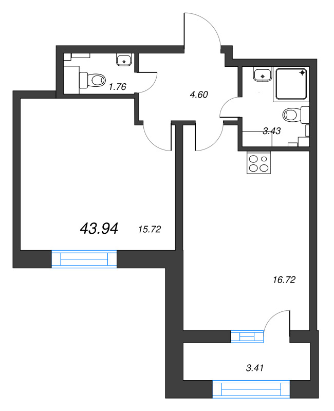 2-комнатная (Евро) квартира, 43.94 м² в ЖК "БелАрт" - планировка, фото №1