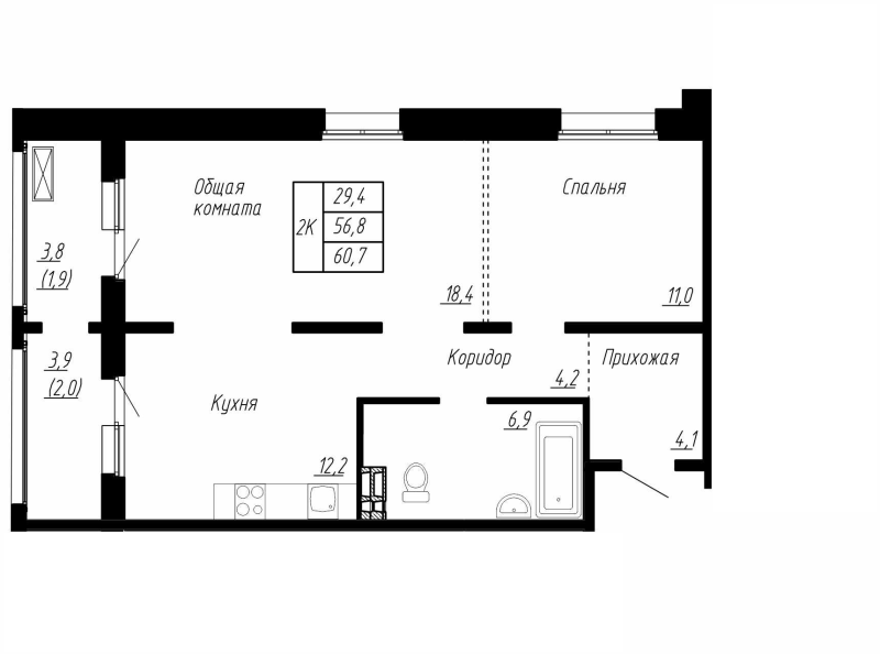 2-комнатная квартира, 60.7 м² в ЖК "Сибирь" - планировка, фото №1