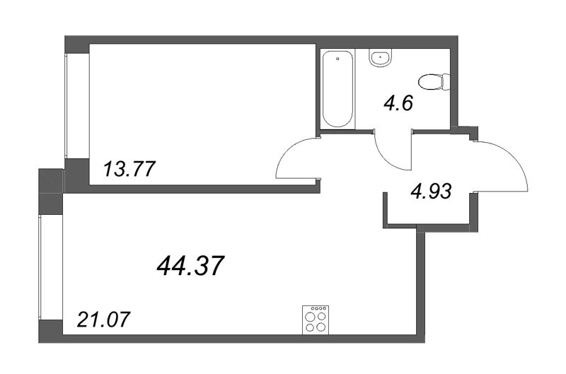 2-комнатная (Евро) квартира, 44.37 м² в ЖК "Avant" - планировка, фото №1