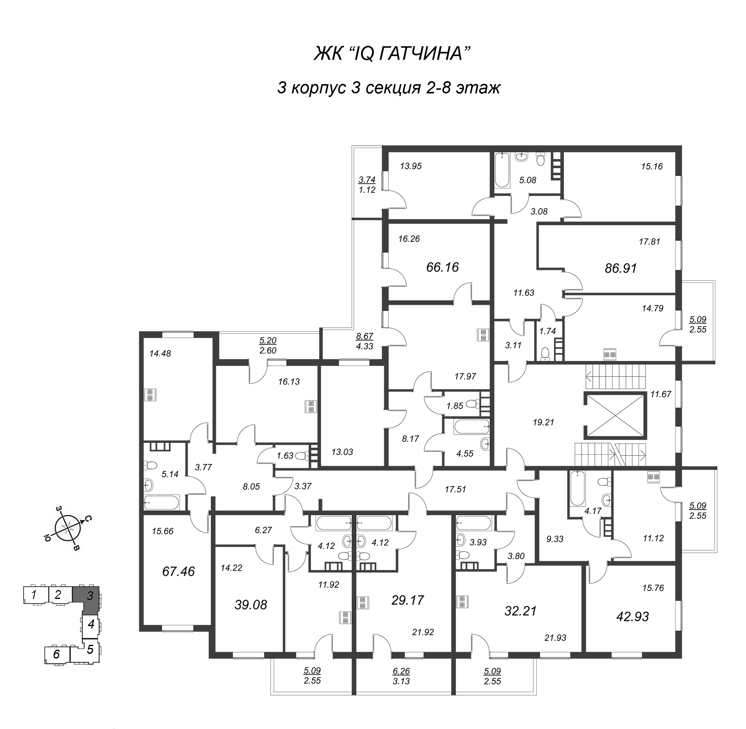 2-комнатная квартира, 64.86 м² - планировка этажа