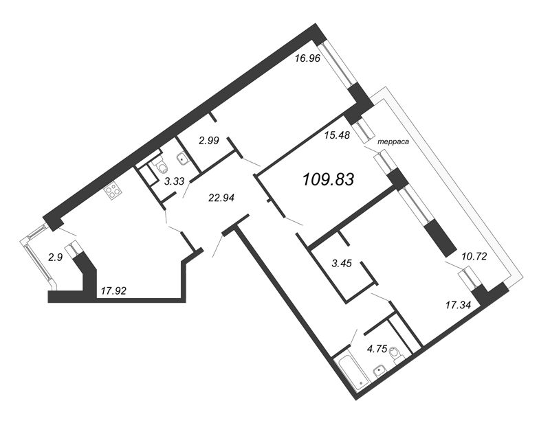 3-комнатная квартира, 109.83 м² - планировка, фото №1
