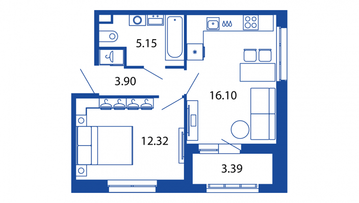 2-комнатная (Евро) квартира, 37.47 м² в ЖК "Полис Приморский 2" - планировка, фото №1