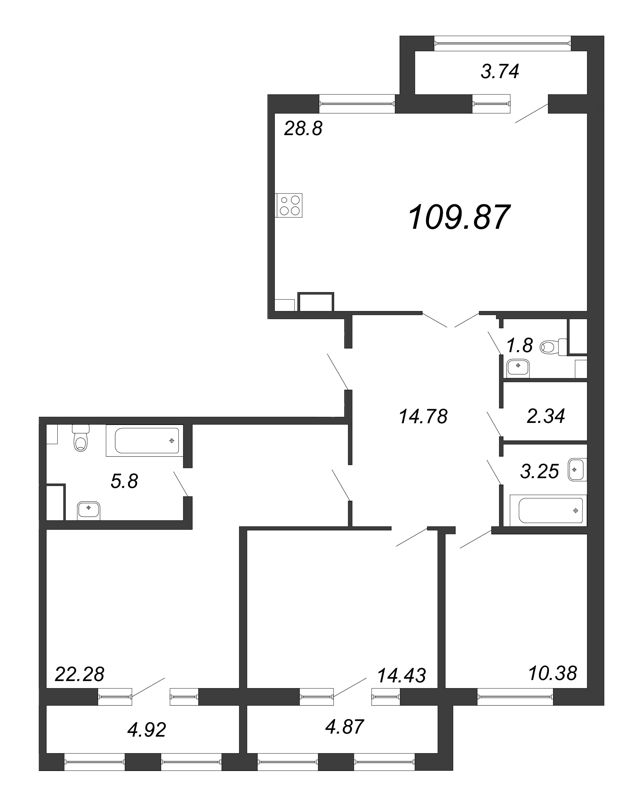 4-комнатная (Евро) квартира, 109.87 м² в ЖК "Modum" - планировка, фото №1