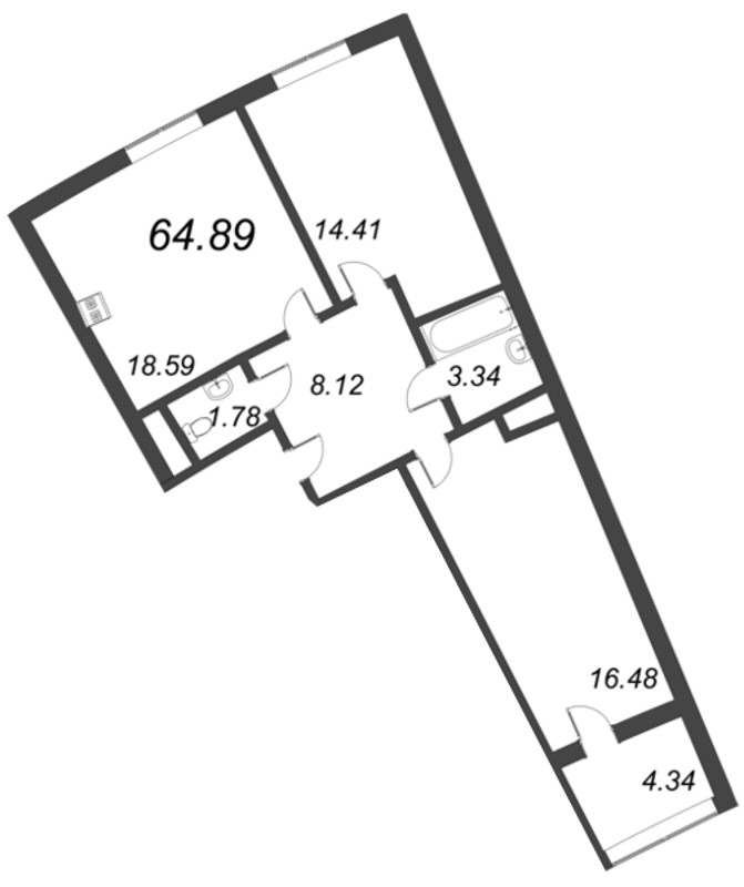 3-комнатная (Евро) квартира, 64.89 м² в ЖК "Морская набережная. SeaView" - планировка, фото №1