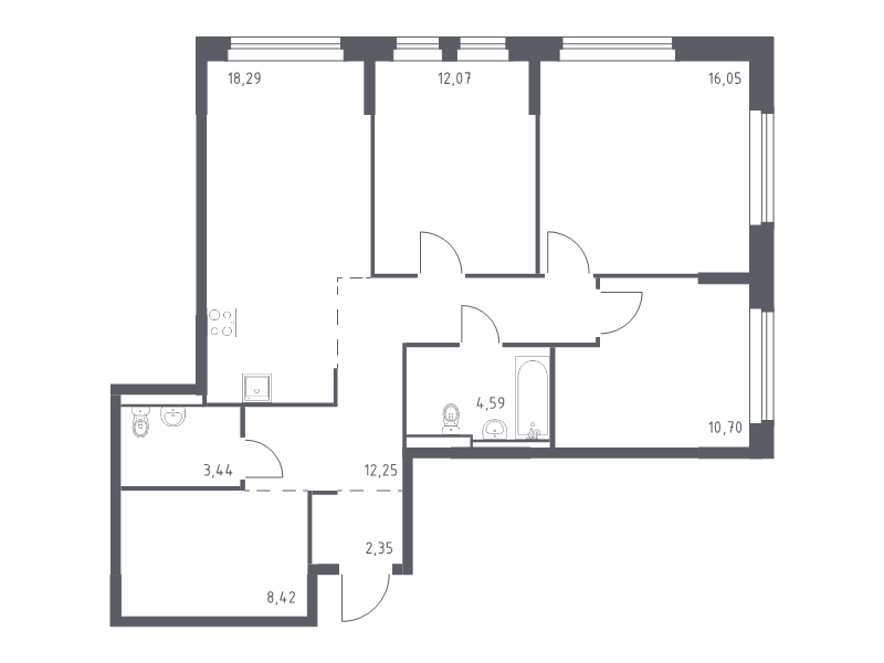 4-комнатная (Евро) квартира, 88.16 м² в ЖК "Новое Колпино" - планировка, фото №1