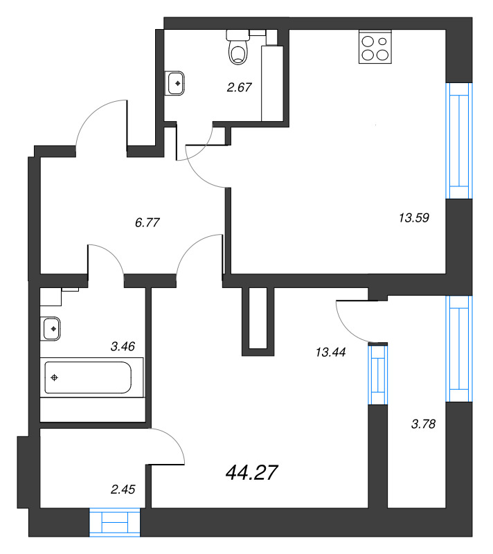 2-комнатная (Евро) квартира, 44.27 м² в ЖК "БелАрт" - планировка, фото №1