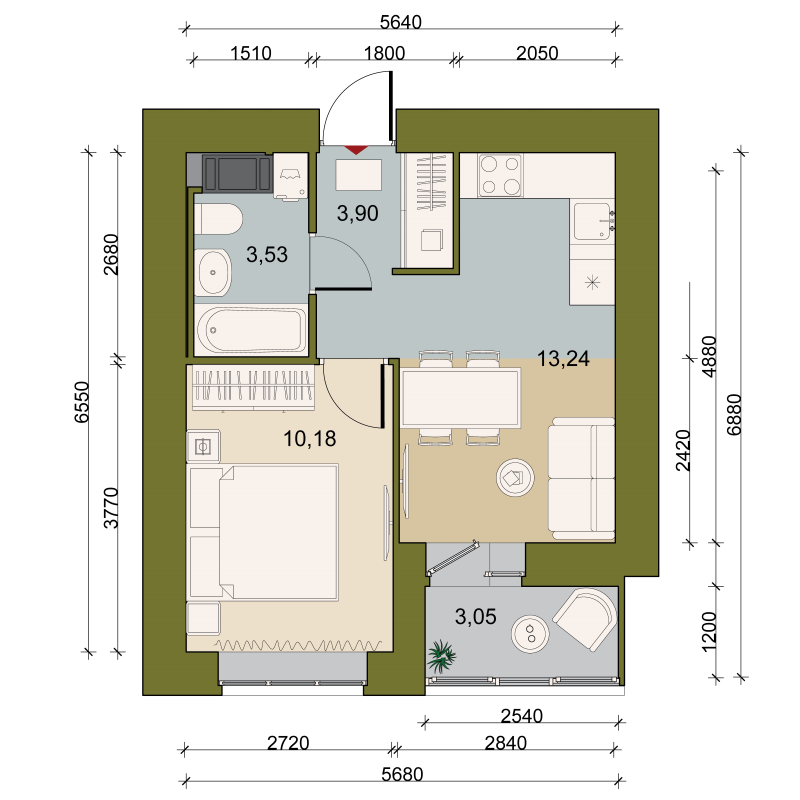 1-комнатная квартира, 32.58 м² в ЖК "Уютный" - планировка, фото №1