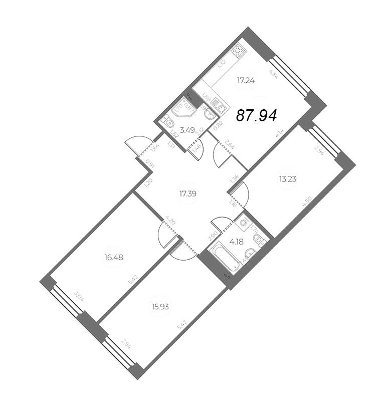 4-комнатная (Евро) квартира, 87.94 м² в ЖК "Огни Залива" - планировка, фото №1