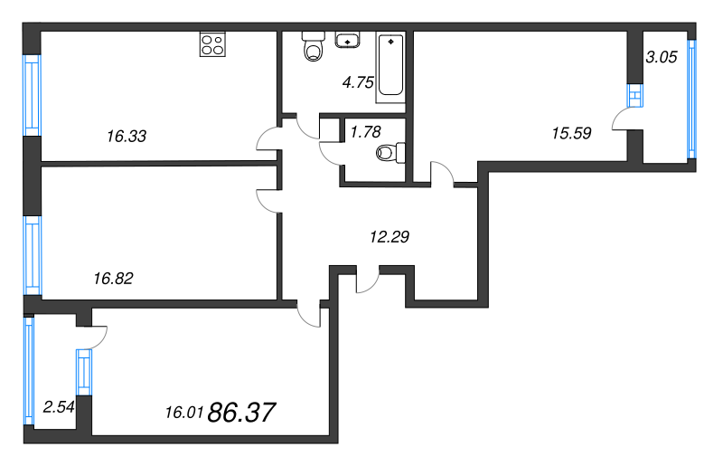 4-комнатная (Евро) квартира, 86.37 м² в ЖК "Cube" - планировка, фото №1