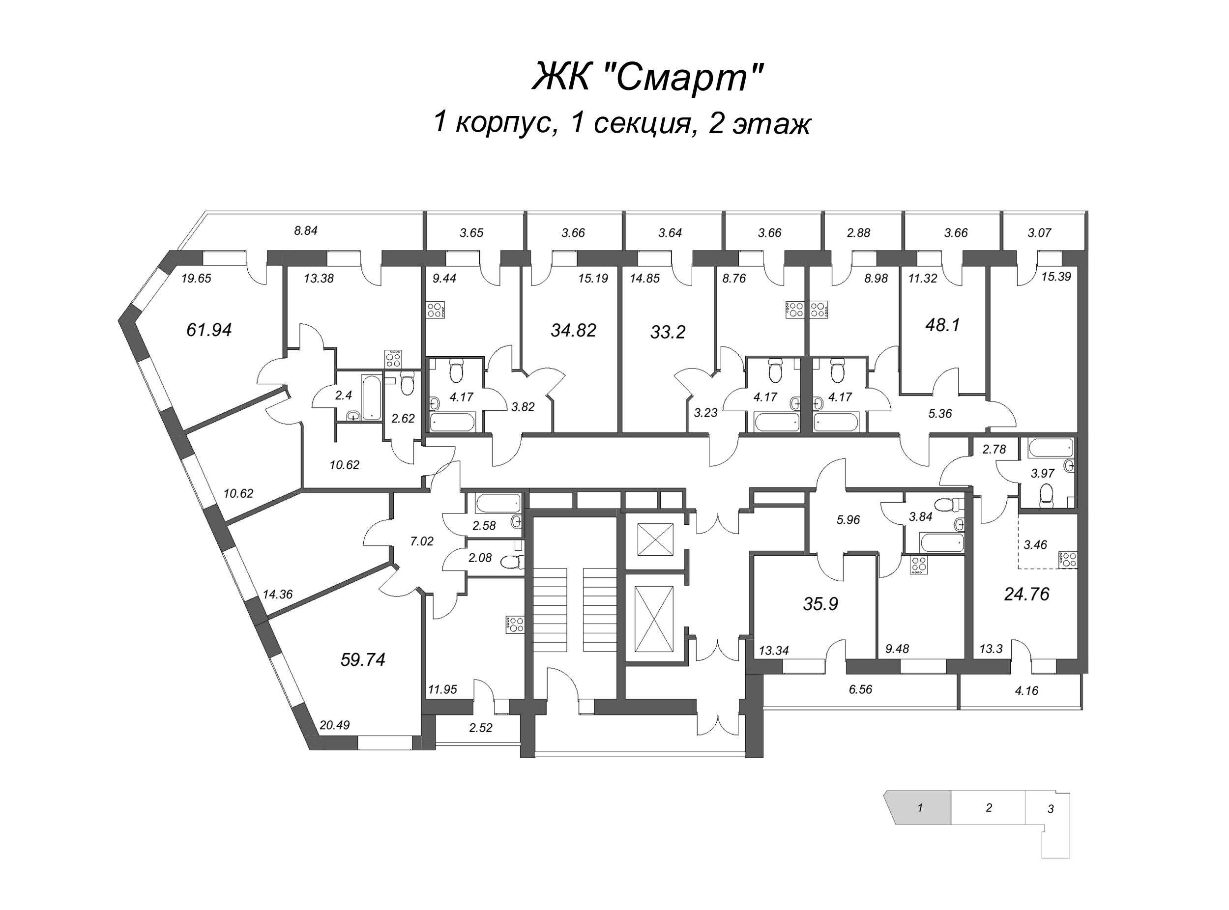 2-комнатная квартира, 59.74 м² в ЖК "СМАРТ" - планировка этажа