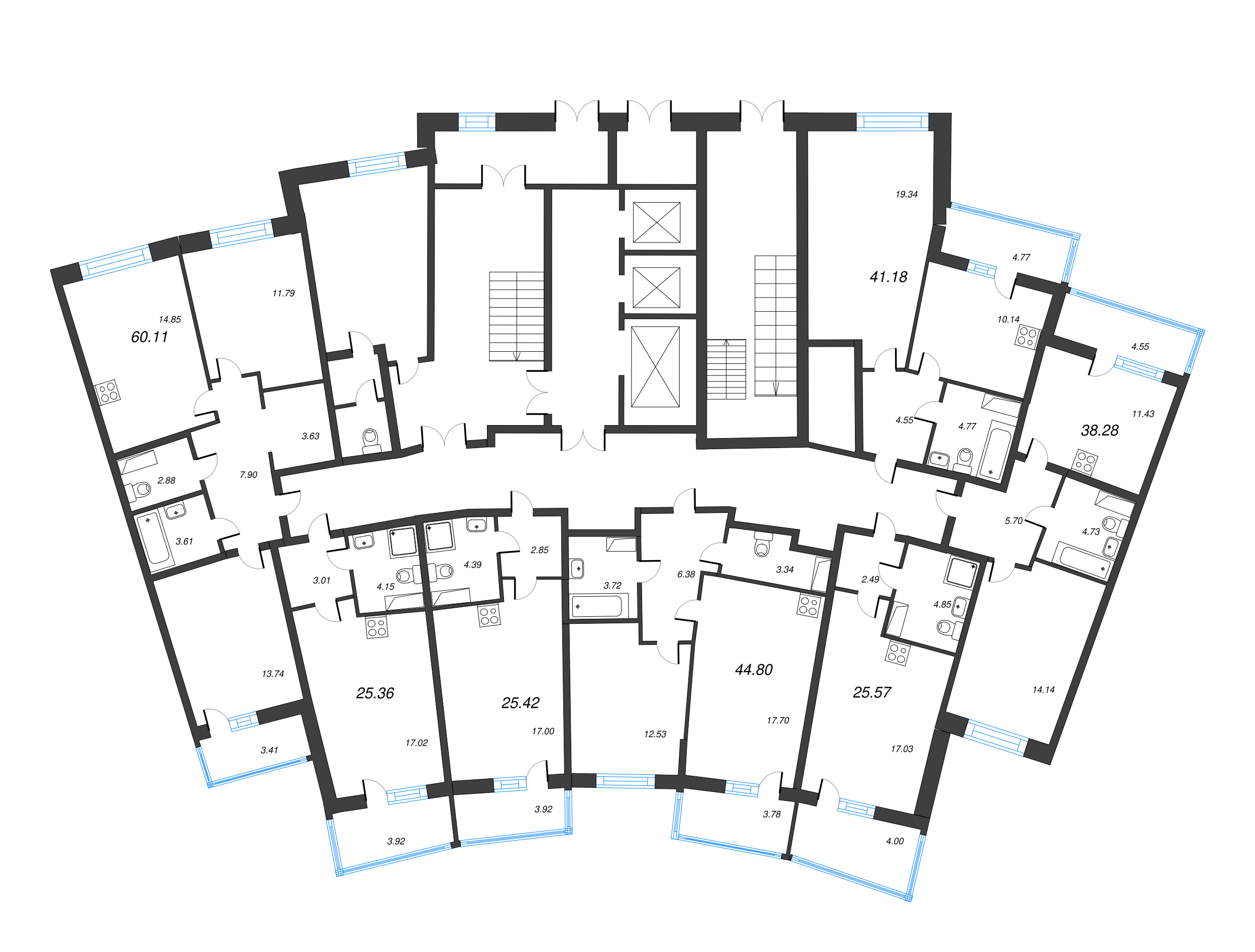 2-комнатная (Евро) квартира, 41.18 м² в ЖК "Дом Левитан" - планировка этажа
