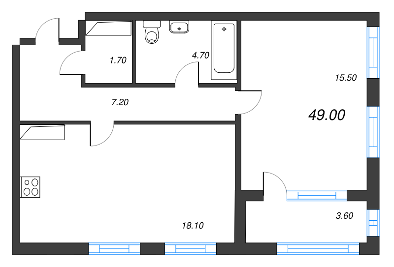 2-комнатная (Евро) квартира, 49 м² в ЖК "Тайм Сквер" - планировка, фото №1