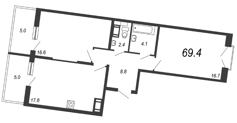 2-комнатная квартира, 69.3 м² в ЖК "Квартал Che" - планировка, фото №1