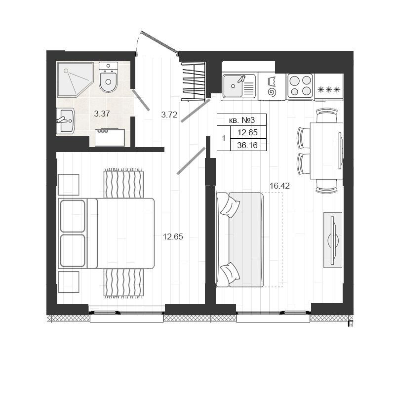 2-комнатная (Евро) квартира, 35.6 м² в ЖК "Верево Сити" - планировка, фото №1
