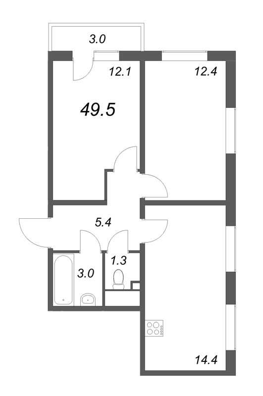 2-комнатная квартира, 49.5 м² - планировка, фото №1