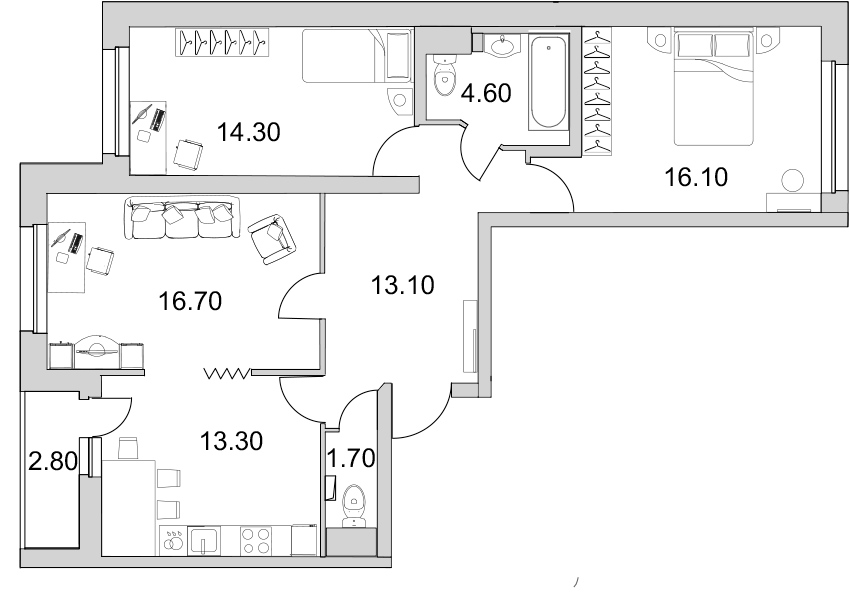 3-комнатная квартира, 82.6 м² в ЖК "Поэт" - планировка, фото №1