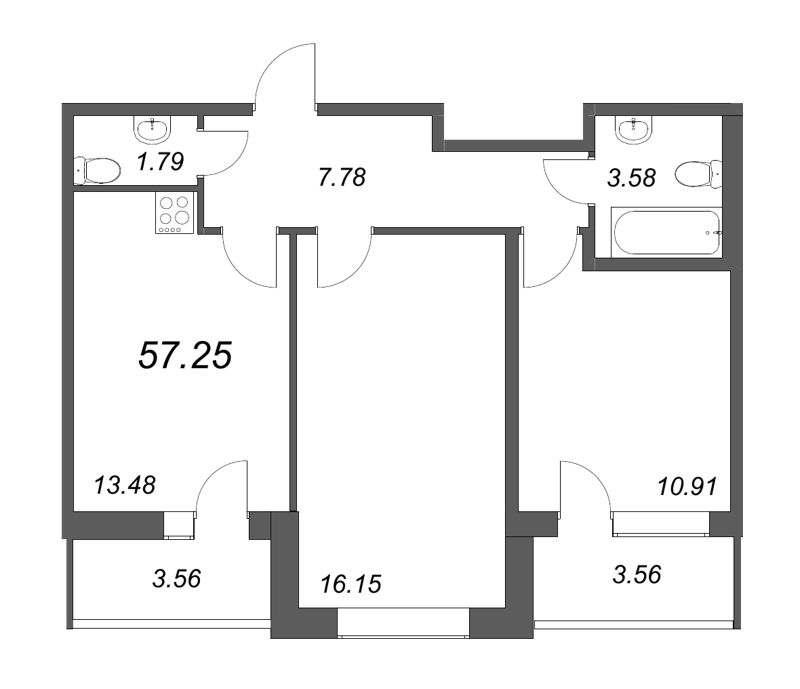 2-комнатная квартира, 55.7 м² в ЖК "Аквилон Zalive" - планировка, фото №1