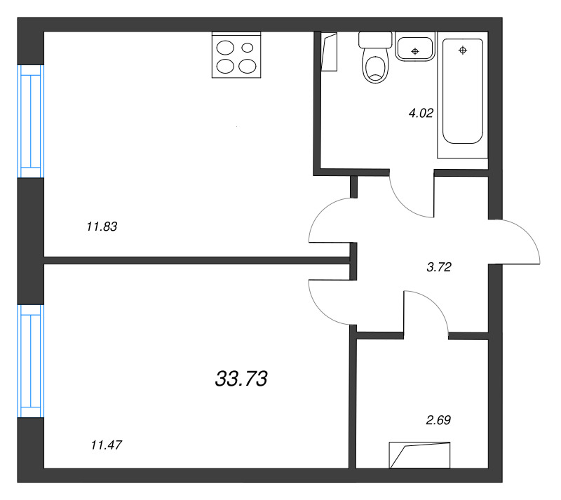 2-комнатная (Евро) квартира, 33.73 м² в ЖК "Кинопарк" - планировка, фото №1