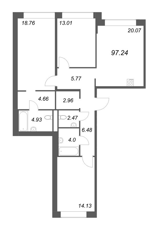 4-комнатная (Евро) квартира, 97.24 м² в ЖК "Avant" - планировка, фото №1