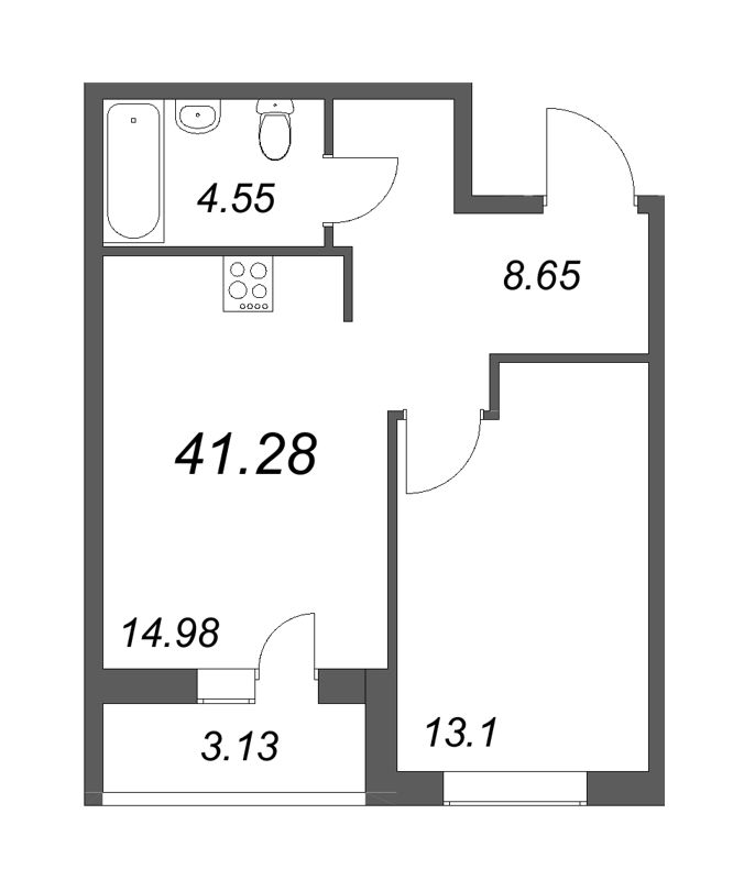 2-комнатная (Евро) квартира, 41.28 м² в ЖК "Город Первых" - планировка, фото №1