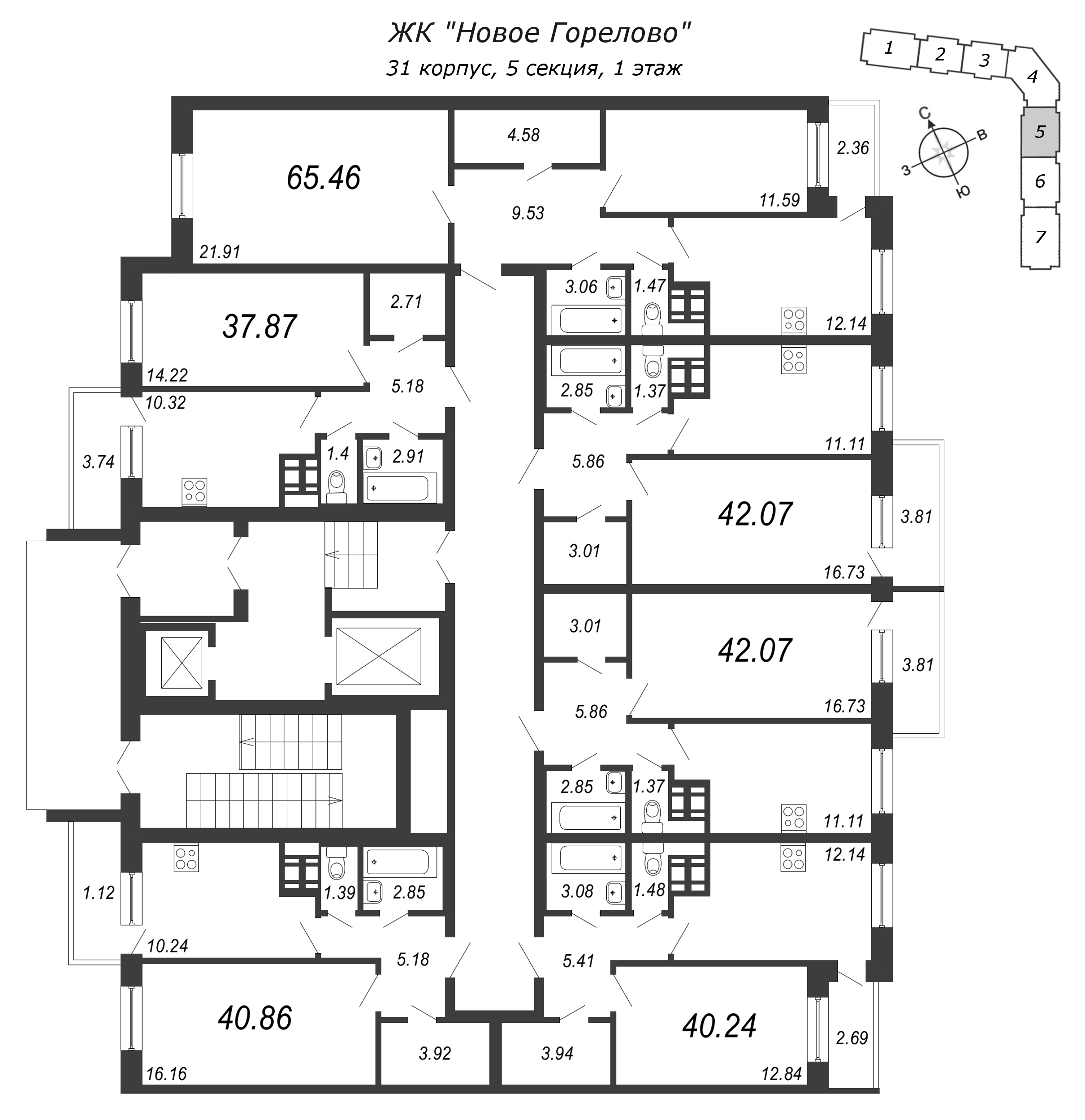 1-комнатная квартира, 42.4 м² в ЖК "Новое Горелово" - планировка этажа