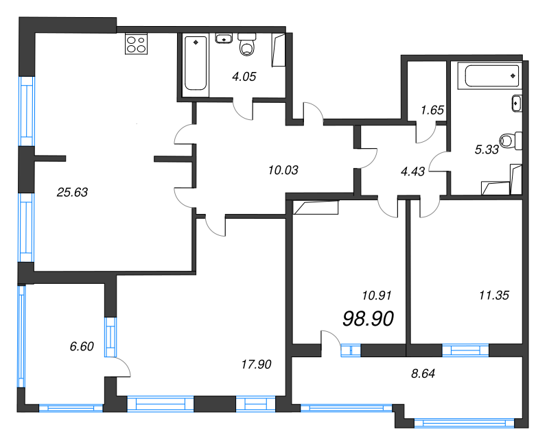 4-комнатная (Евро) квартира, 98.9 м² в ЖК "Cube" - планировка, фото №1
