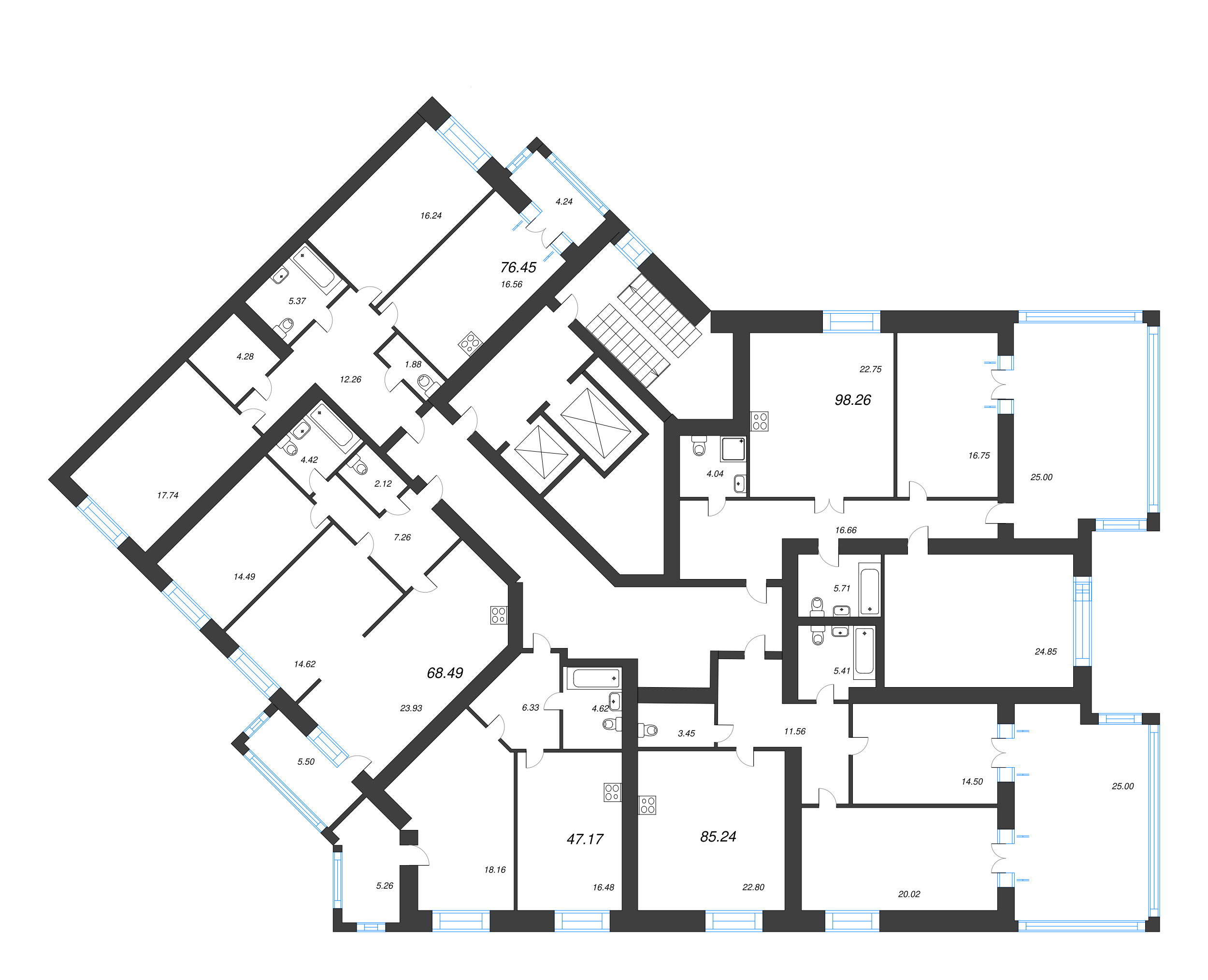 3-комнатная (Евро) квартира, 85.5 м² в ЖК "Листва" - планировка этажа