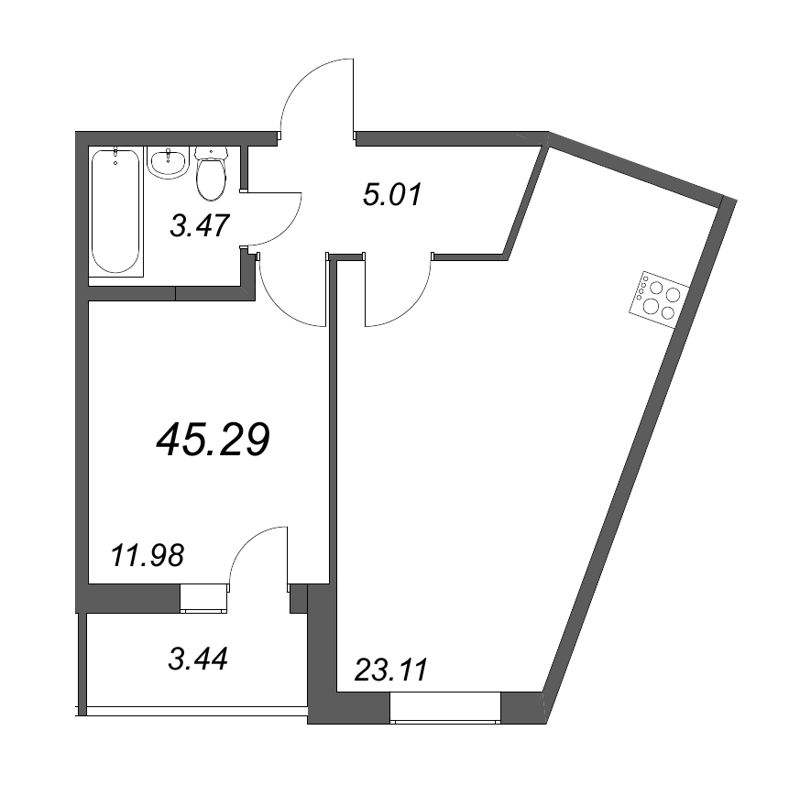 2-комнатная (Евро) квартира, 44.6 м² в ЖК "Аквилон Zalive" - планировка, фото №1