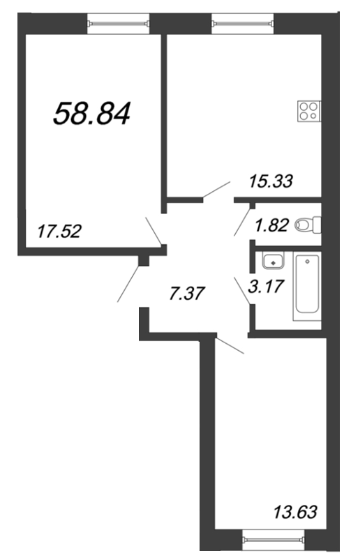 2-комнатная квартира, 58.84 м² в ЖК "Московский" - планировка, фото №1