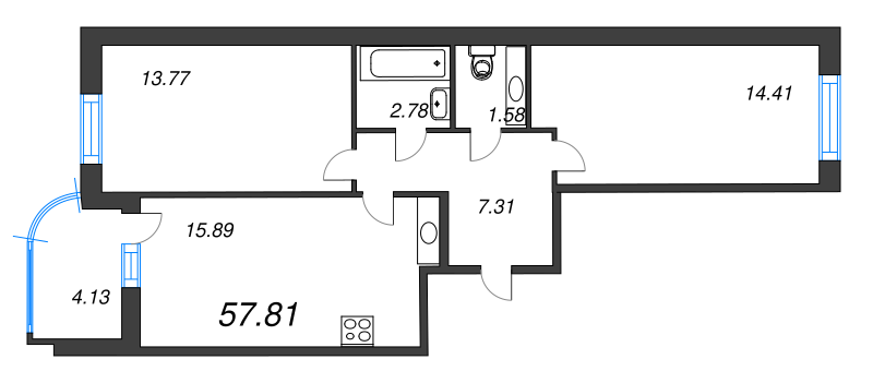 3-комнатная (Евро) квартира, 57.81 м² в ЖК "Энфилд" - планировка, фото №1