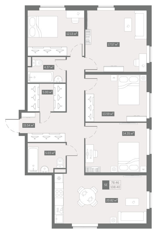 5-комнатная (Евро) квартира, 108.4 м² в ЖК "Zoom на Неве" - планировка, фото №1