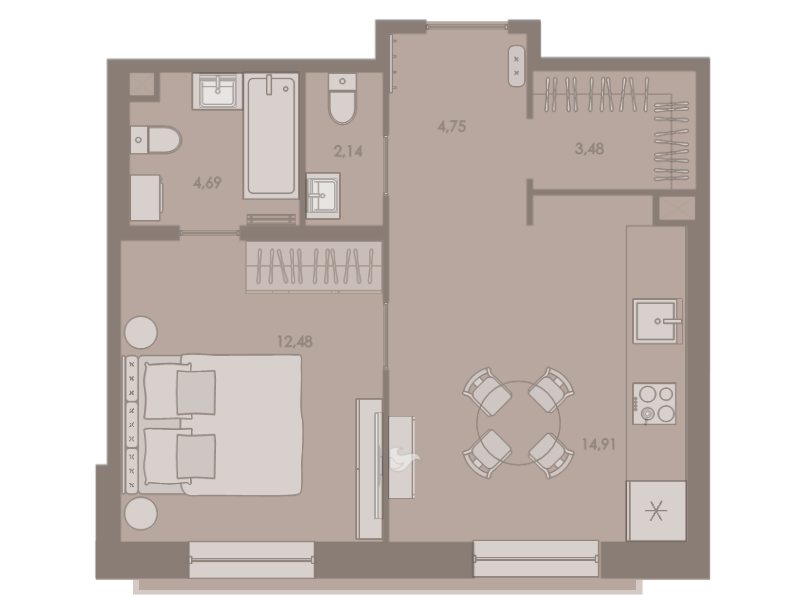 2-комнатная (Евро) квартира, 43 м² в ЖК "Северная корона" - планировка, фото №1