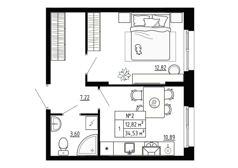 1-комнатная квартира, 34.53 м² - планировка, фото №1
