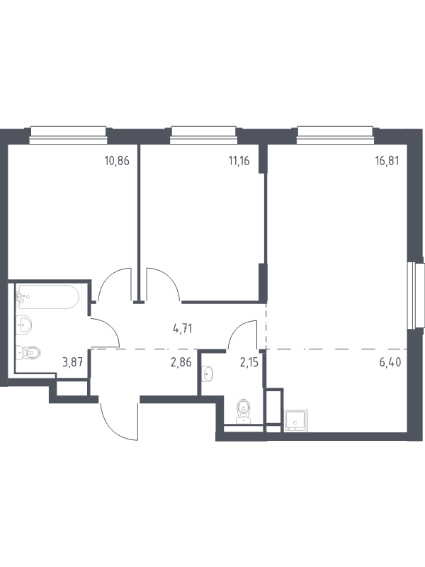 3-комнатная (Евро) квартира, 58.82 м² в ЖК "Новые Лаврики" - планировка, фото №1