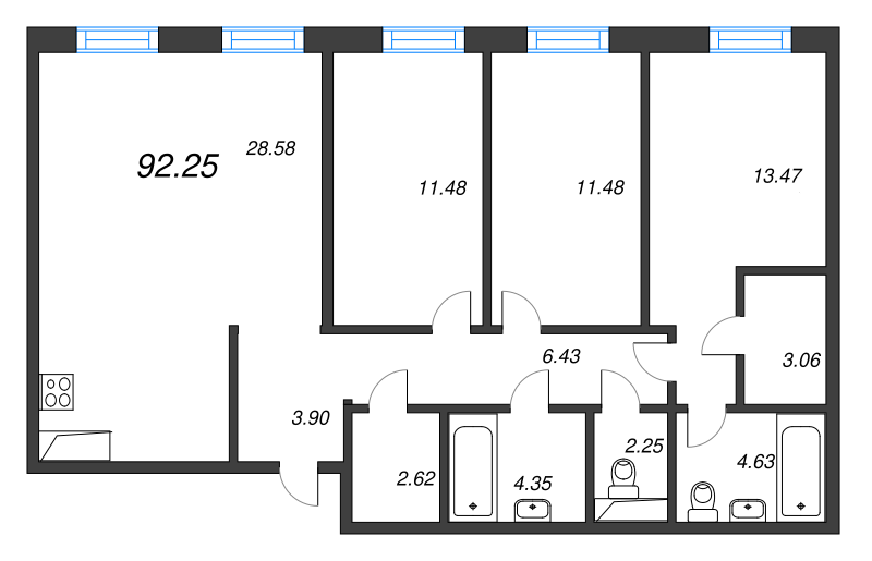 4-комнатная (Евро) квартира, 92.25 м² в ЖК "Черная речка, 41" - планировка, фото №1