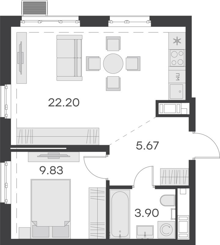 2-комнатная (Евро) квартира, 41.6 м² в ЖК "GloraX Балтийская" - планировка, фото №1