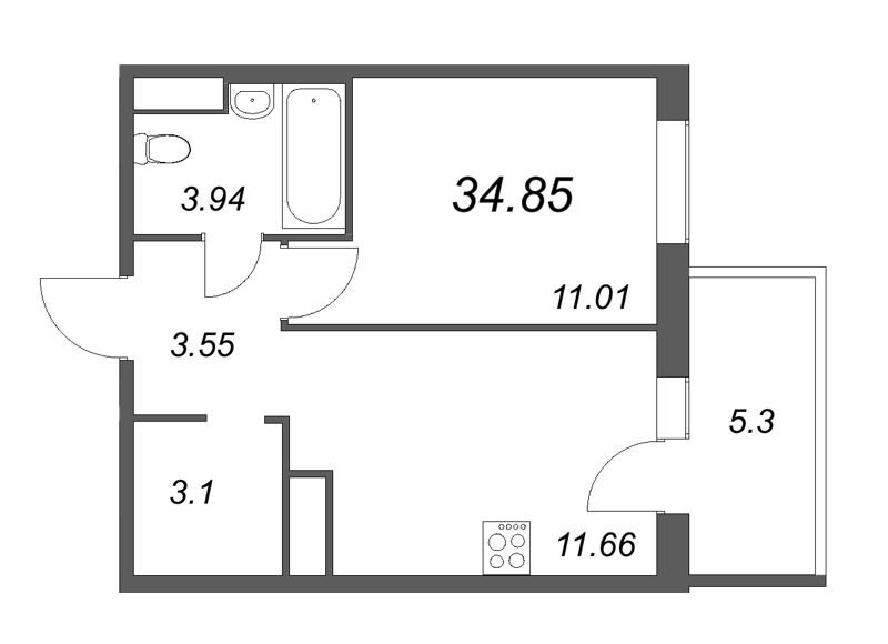 1-комнатная квартира, 35.05 м² в ЖК "IQ Гатчина" - планировка, фото №1