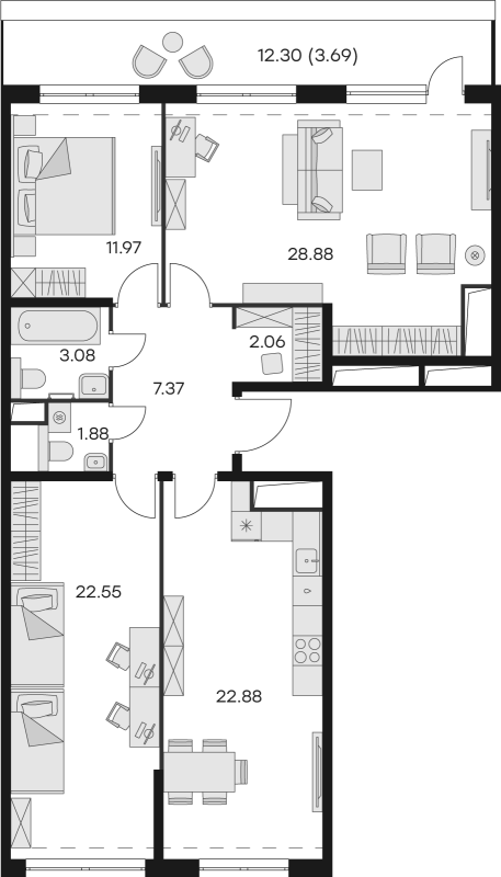 3-комнатная квартира, 104.36 м² в ЖК "GloraX Заневский" - планировка, фото №1